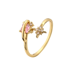 Adjustable gold-plated copper ring featuring a pink heart zircon and starry accents