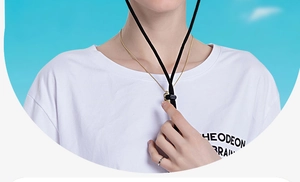 Detail of adjustable black drawstring and white logo t-shirt on a model with blue background