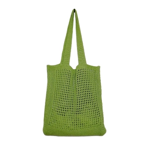 Grass green knit hollow tote bag with a diamond mesh pattern and wide shoulder straps