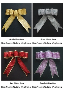 Detail of glitter bows in gold, silver, red, and purple with dimensions 14cm x 12.5cm