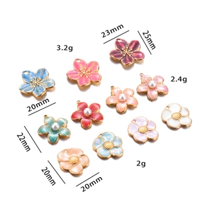 Detailed view of floral enamel charms with dimensions and weights for jewelry making