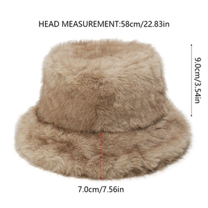 Detailed size measurements of a plush khaki faux fur bucket hat for winter warmth.
