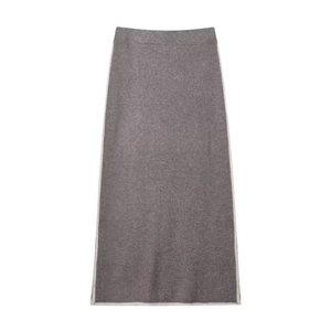 Women's knit midi skirt in grey with white contrast trim detailing and A-line silhouette