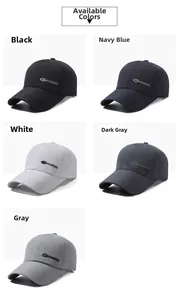 Detail showing embroidered SC FASHION logo and five color options for quick-dry baseball caps