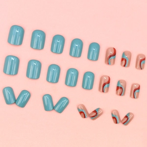 Short square press-on nails set featuring blue solid color and wave pattern art design