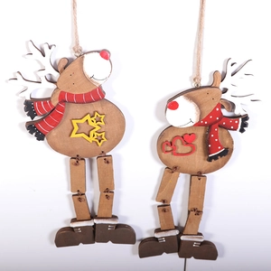 Wooden Christmas reindeer ornaments with red scarves and striped legs for tree decoration