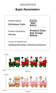 Detailed view of wooden Christmas train decor in PVC gift box with dimensions 19.5x5.3cm