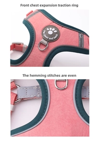 Detail of pink dog harness featuring front D-ring, reflective strips, and sturdy stitching