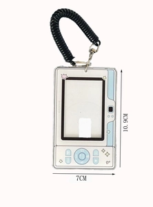 Detail of retro gaming console card holder with spring lanyard and metal hook, 10.9x7cm