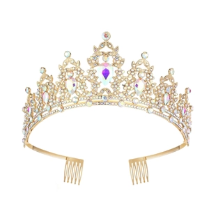 Elegant gold bridal tiara with colorful sparkling crystals for wedding and party
