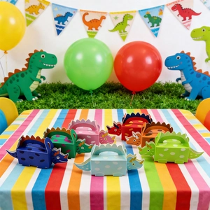 Colorful cartoon dinosaur themed party favor gift boxes set against festive background