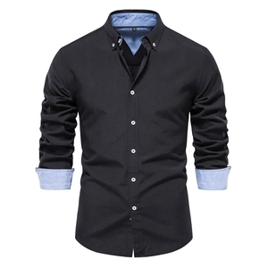 Slim fit long sleeve shirt for men in black with contrast light blue inner collar and cuffs