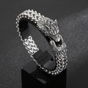 Men's double-layered titanium steel wolf head bracelet in heavy metal gothic style