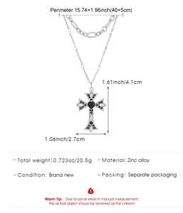 Detailed size specifications for the gothic alloy cross pendant with black heart gemstone
