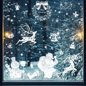 White Christmas window static stickers featuring reindeer, snowman and Merry Christmas wreath