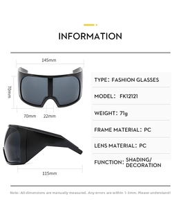 Detailed size chart for wrap-around oversized sports sunglasses with precise dimensions