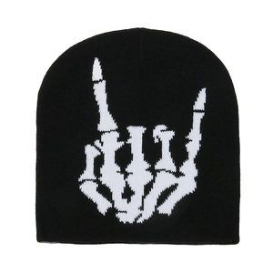 Black knit beanie with white bone rock-on hand gesture pattern for street style