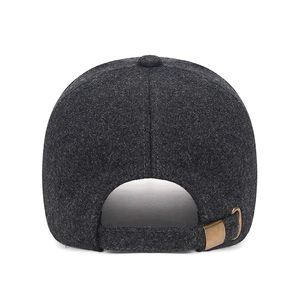 Rear view of winter wool baseball cap in charcoal grey with metal adjustment buckle