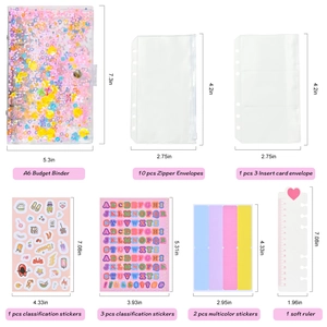 Detailed view of A6 budget binder kit including PVC zipper envelopes and dimensions