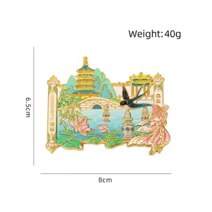 Metal Hangzhou West Lake souvenir magnet with enamel Leifeng Pagoda and lotus design