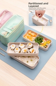 Close-up of double-layer lunch box with cutlery and 900ml capacity marking