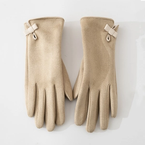 Women's faux suede gloves in khaki with warm lining and elegant bow decoration