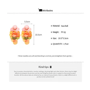 Detailed size chart for tiered round seashell earrings showing 10.5cm height and weight