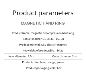 Specifications sheet for magnetic decompression hand rings showing size and ABS material