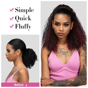 Long fluffy wavy drawstring ponytail hair extension in black to burgundy gradient color