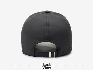 Detail of adjustable metal buckle and breathable mesh fabric on black baseball cap