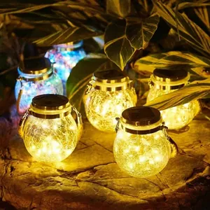 Solar Crackle Glass Jar Hanging Lanterns Waterproof Outdoor Garden Fairy Lights With Hemp Rope Handle For Patio Yard Decor