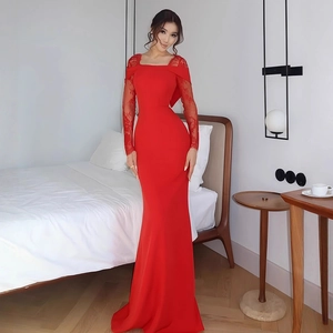 Rotes Abendkleid Mit Spitze Patchwork Langen Ärmeln Und Rückenfreier Großer Schleife Meerjungfrau Kleid Für Frauen Formell