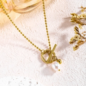 Elegant 18k gold plated ball chain necklace with white pearl pendant and OT buckle closure