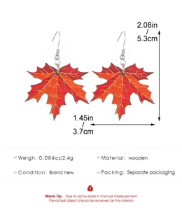 Detailed size specifications for red gradient acrylic maple leaf dangle earrings