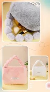 Detail view of large capacity plush cosmetic bags showing soft texture and bead handle