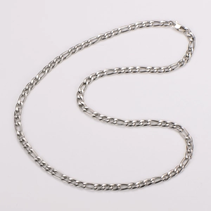 Detail shot of silver stainless steel 3:1 link chain with a polished metallic finish