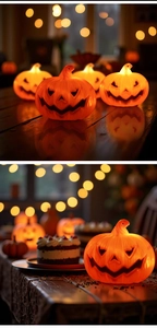 Atmospheric Halloween LED pumpkin lanterns on a rustic wooden table with bokeh lights