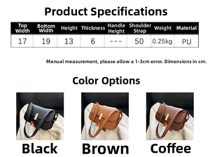 Detailed size chart for retro PU saddle bag showing dimensions and available colors