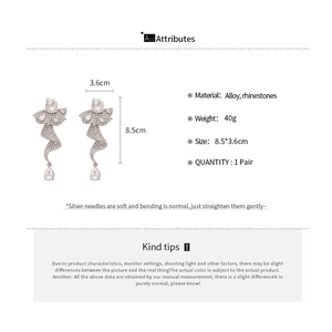 Detailed size specifications for silver tassel earrings with crystal rhine stones