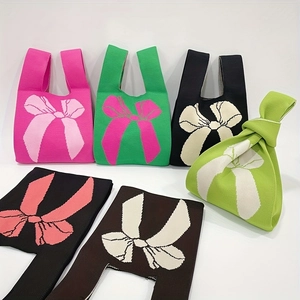 Japanese style knitted tote bag set featuring sweet bow pattern in various vibrant colors