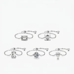925 Sterling Silver Adjustable Chain Ring For Women Cubic Zirconia Round Rectangle Oval Square Pear Cut Jewelry