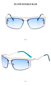 Front and side views of silver metal Y2K sunglasses with double blue gradient lenses