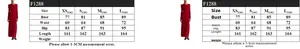 Detailed size chart for elegant off-shoulder evening dress with bust and waist measurements