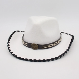 White felt jazz hat with bull head badge and black woven brim for outdoor sun protection