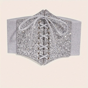 Silver glitter corset belt with elastic band and lace-up front for dresses and shirts