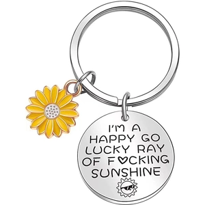 Sunflower keychain with engraved stainless steel disc I'm a happy go lucky sunshine