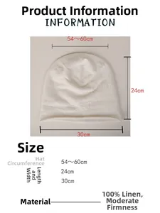 Detailed size chart for the 100% linen breathable beanie showing 54-60cm circumference