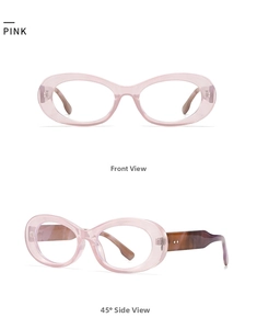 Detail view of pink cat-eye glasses with stylish tortoiseshell patterns and lightweight frame