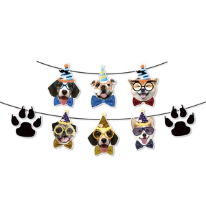 Dog paw themed birthday party banner featuring various dog breeds in party hats and glasses