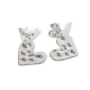 Detail view of hammered silver heart earrings with dimensions showing 41.5mm height